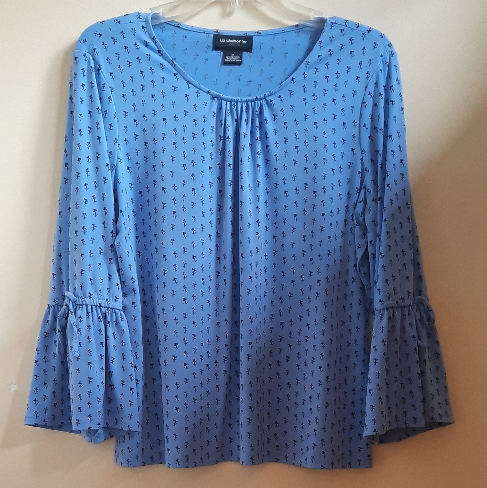 Liz Claiborne light blue with black flower print flare sleeve top size M